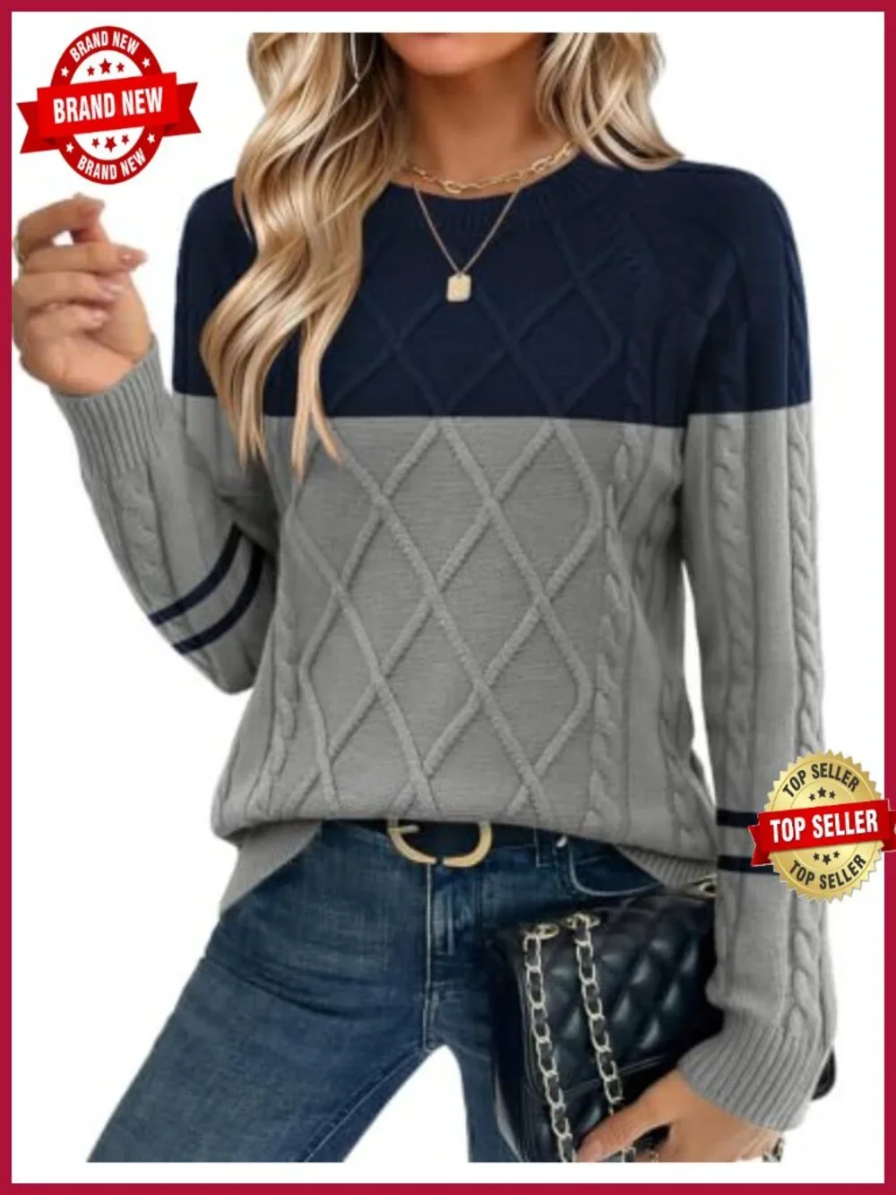 Women's Cable Knit Crew Neck Pullover Sweater, Long Sleeve Cotton Blend Fall Top